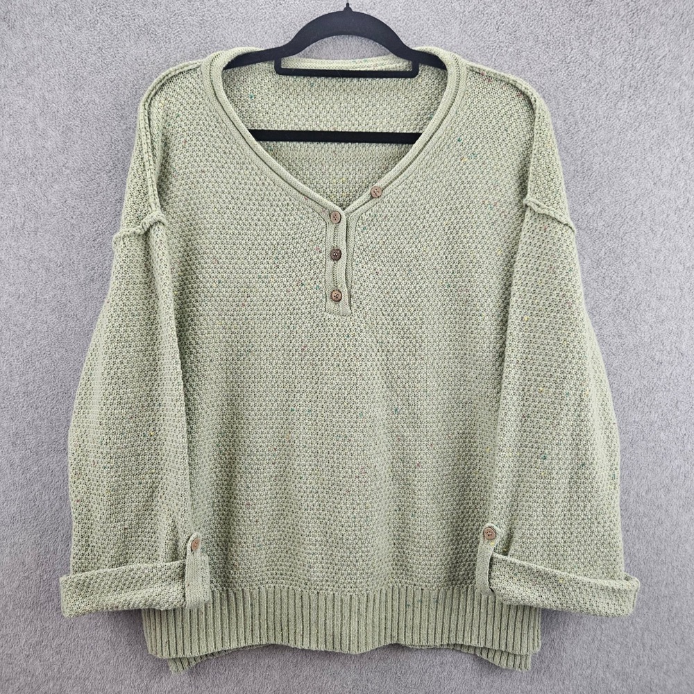 ST. JOHN'S BAY Henley Sweater Women L Green Speckled Knit Casual Boho Pullover